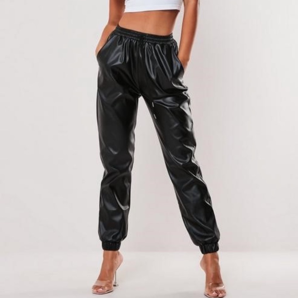 Black Faux Leather Jogger Pants